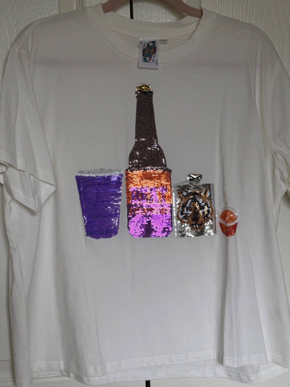 Queen of Sparkles White Sequin Beverage Graphic Tee - Multi-Color Sequins